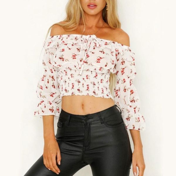 

summer boho floral print blouse women 2020 vintage off shoulder women blouses ladies crop for clothes blusas mujer1, White
