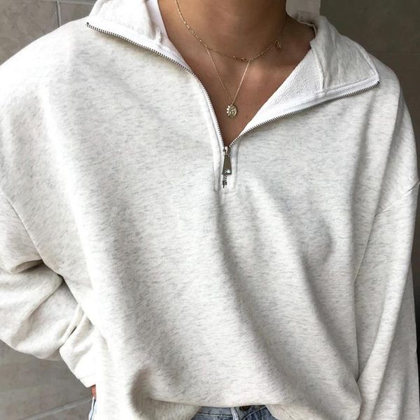 

fashion women hoodie casual lapel zipper loose solid basic sweatshirt streetwear long sleeve thin sweashirts spring women, Black