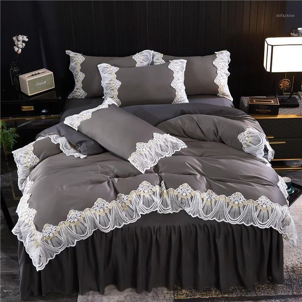 

4pcs washed silk embroidery princess style bedding sets  king size duvet cover set bed skirt set pillowcase bedclothes.1