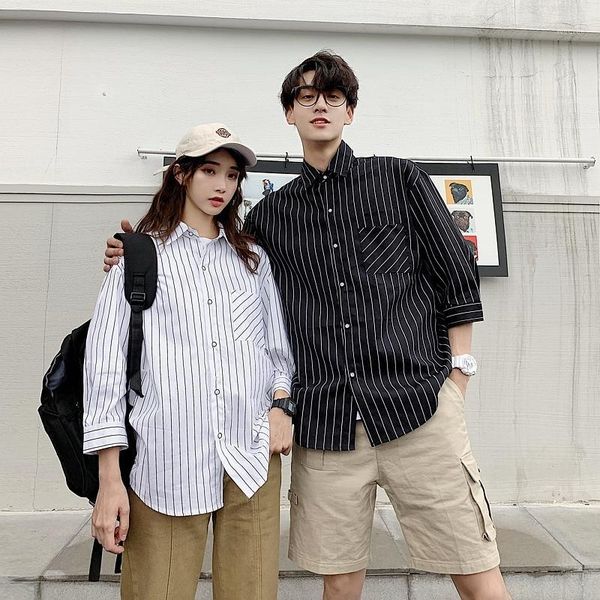 

2019 summer new korean version of the seven-point sleeves wild vertical couple lovers men's simple harajuku casual shirt1, White;black