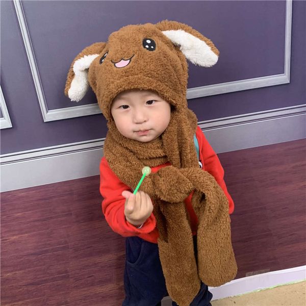 

children's rabbit hat autumn winter baby plush scarf glove one body boy girl ear cap, Red;brown