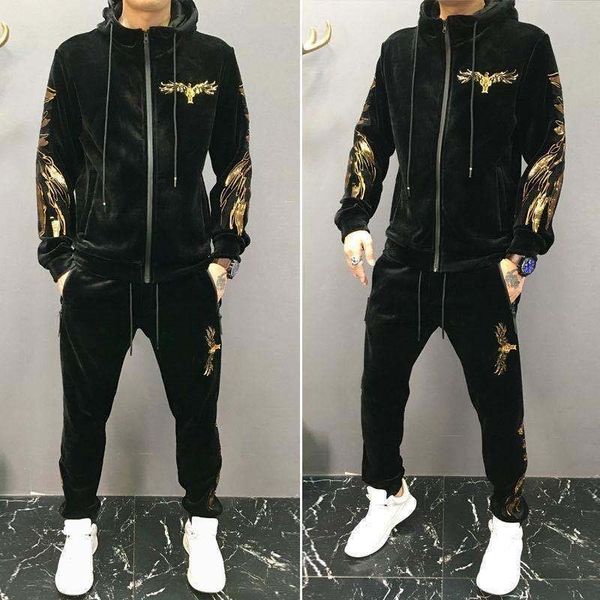 

gold velvet padded pleuche casual sports suit men's slim winter two-piece men's fashion 201109, Gray
