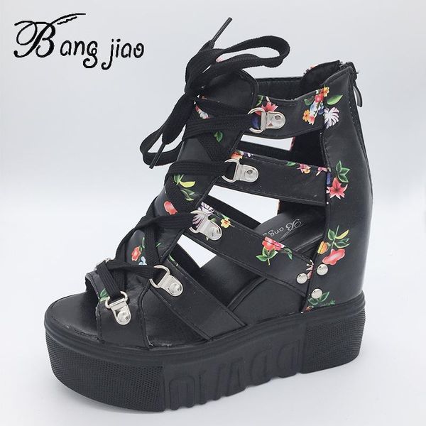 

summer wedges women's sandals gladiator women sandals platform open toe 12 cm super high heel women shoes sandalias mujer 2021, Black