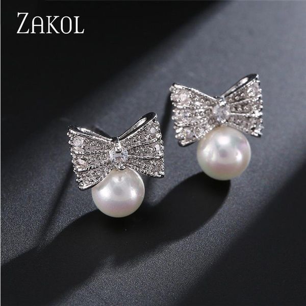 

stud zakol cute romantic bowknot cubic zirconia pearl earrings temperament wedding party jewelry for women girls wholesale, Golden;silver