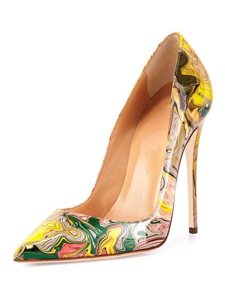 

women high heels pointed toe artwork printed stiletto heel slip on pumps yellow dress shoes, Black