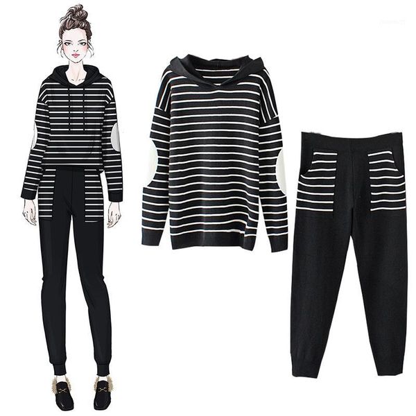 

women knitted set two piece suits women knitted set cashmere sweater and pants patchwork & trousers stripe plus size1, White