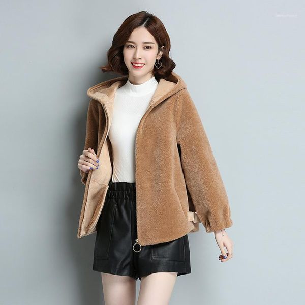 

coat wool 100% female sheep shearling fur coats 2020 winter jacket women hooded korean long jackets manteau femme my4173 s s1, Black