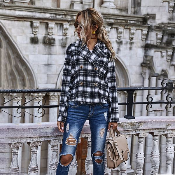 

new autumn and 2021 winter double-breasted big lapel short chess fashion coat-style street 3nzt, White;black