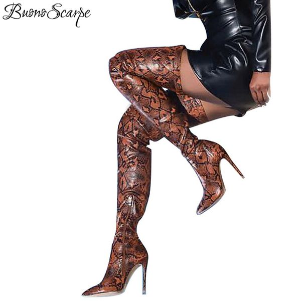 

women slip on thigh high long boots snake printed 13cm high heel boots pointed toe high heel dancing shoes chic, Black