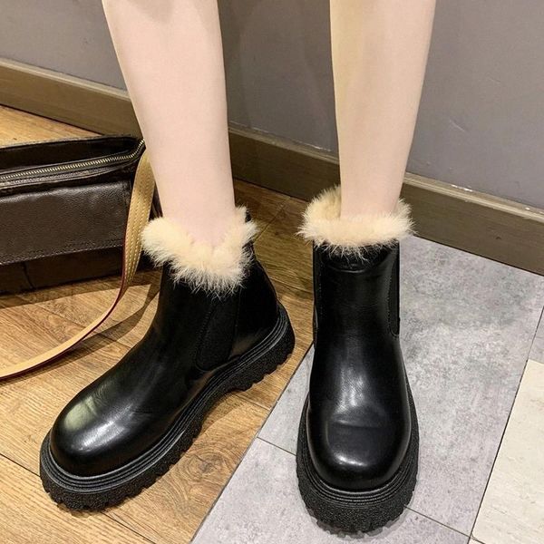 

rimocy fluffy faux fur warm ankle boots for women waterproof pu leather platform short boots woman round toe thick heel shoes #bc0u, Black