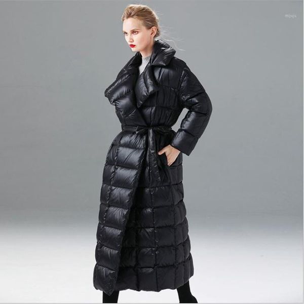 

new style lapel female long down jacket thick women's coats korean style with belt duck down clothes new arrival black overcoat1