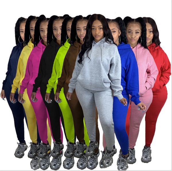 

women clothes thick winter long sleeve hooded sweatshirts sweater pants tracksuit two piece outfits solid sportswear suit sale e101504, White