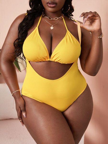 

plus rib one piece swimsuit with bikini a9w6#, Black
