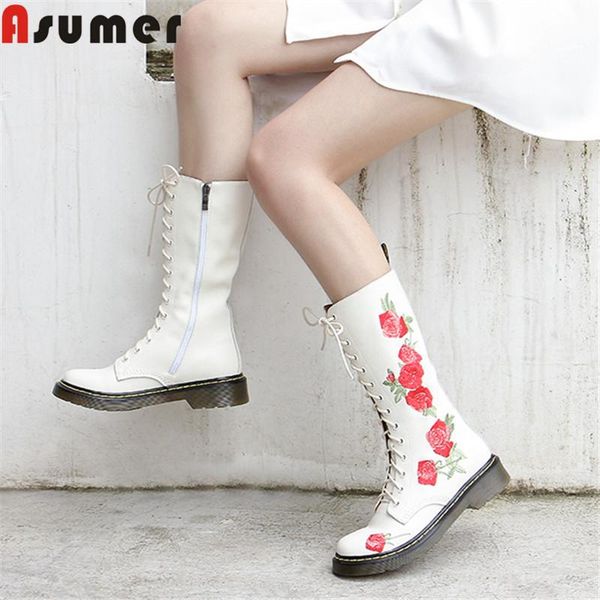 

asumer 2020 новые подлинные кожаные сапоги женщины цветы круглый носок мед пяток женские сапоги на молнии осень зима середине теленка, Black