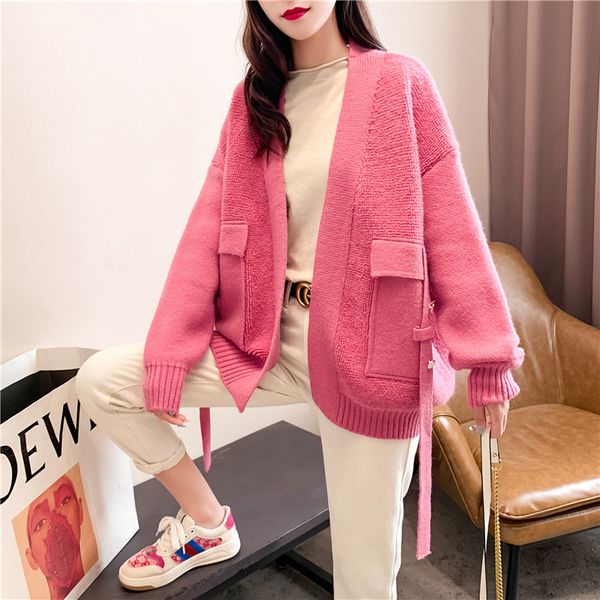 

2021 new female korean fashion with loose-v cleavage cardigan knitted shirt long-sleeved feminine jumper winter y84r, White;black