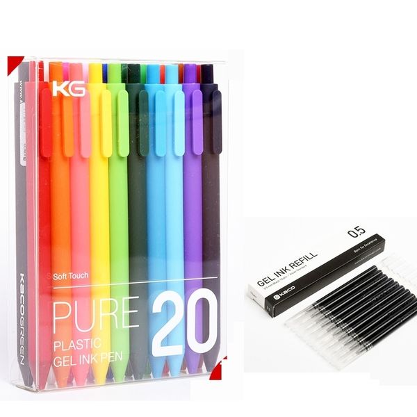Kaco sinal caneta 20 cores canetas recarga plástico de plástico 400m + 10 pcs 0.5mm recargas (preto / vermelho / azul) 201202