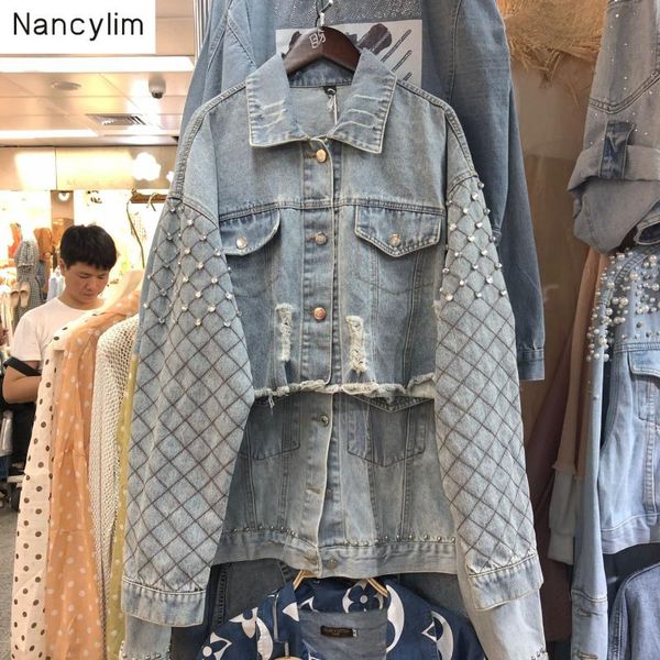 

european style autumn short blue denim coat women new diamond drill holes cropped jeans coat, Black;brown