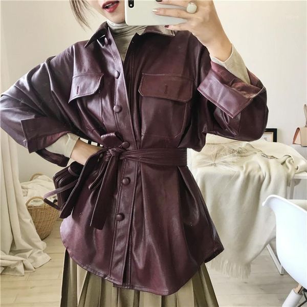 

biker jacket fashion belt long sleeve casual 2020 new autumn pocket loose punk faux leather jackets women pu coat female l4601, Black