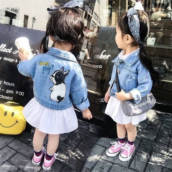 

ins baby boys and girls denim jacket 1-9 years old kids denim jacket spring and autumn printed cartoon dog baby girl coat lj200831, Blue;gray