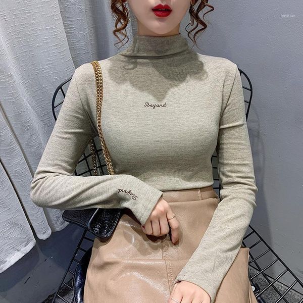 

2020 winter new european goods fleece half turtleneck bottoming shirt slim-fit letters embroidery long sleeve bottoming t-shirt1, White