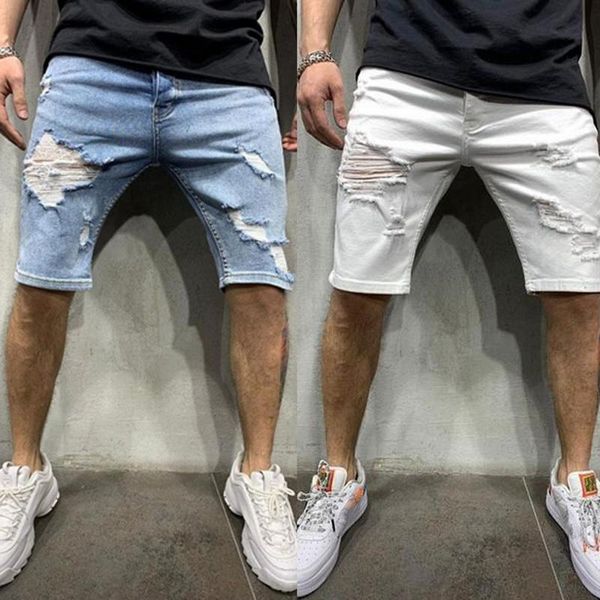 

2020 summer men's short ripped jeans shorts fashion casual slim fit elastic skinny denim shorts male brand clothes, White;black