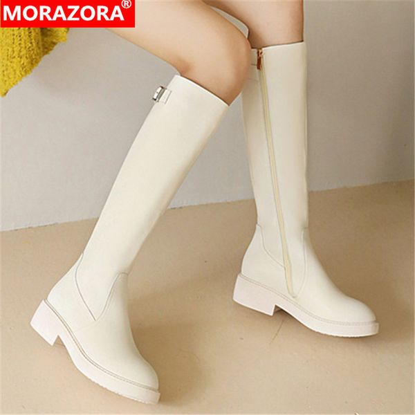 

morazora 2020 big size 33-43 winter knee high boots med heels round toe solid color women boots ladies shoes black sliver 1026