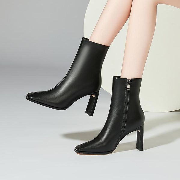 

elegant genuine leather women's ankle boots concise side zipper high heels pumps winter party basic shoes woman1, Black