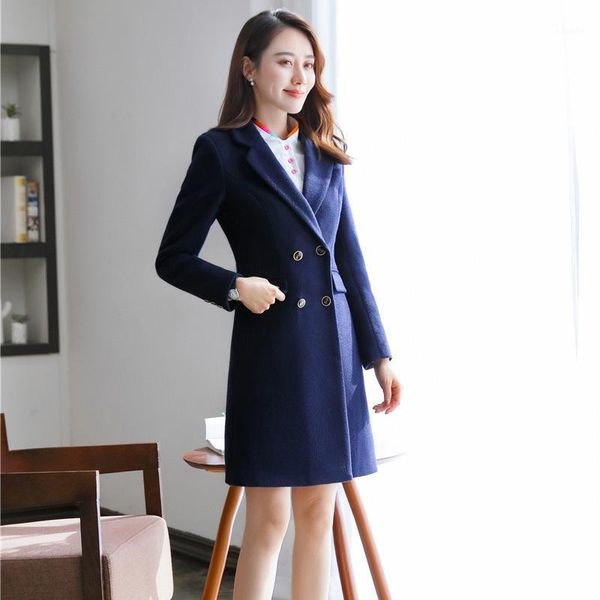 

fall winter fashion women coat office ladies outerwear overcoat long female clothes navy blue slim1, Black