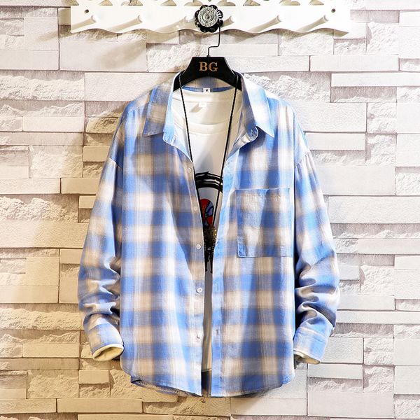 

brand 2021 spring autumn long sleeves new collar korea style plaid shirt for men's clothes 5kgw, White;black