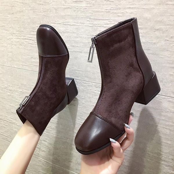 

boots women autumn winter leather ankle european zip round toe 4cm square heel solid casual black brown booties botas mujer 20211