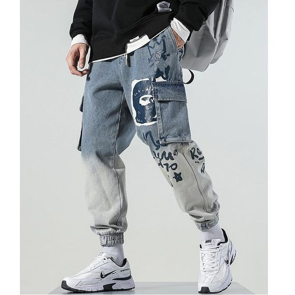 

men's jeans jogger denim pant men loose trousers cool cargo hip hop, Blue