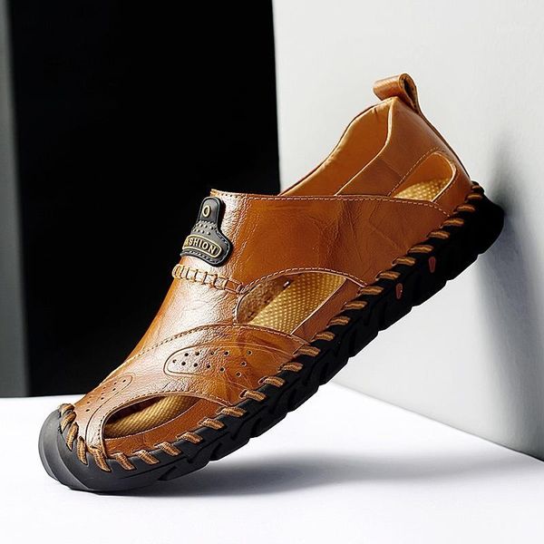 

men sandals new style summer genuine leather sandals soft bottom beach slippers casual shoes trend outdoor wear slippers1, Black