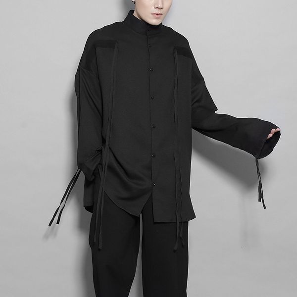 

2021 new male fashion personality splicing niche design casual manga long masculine shirt spring cei1, Black