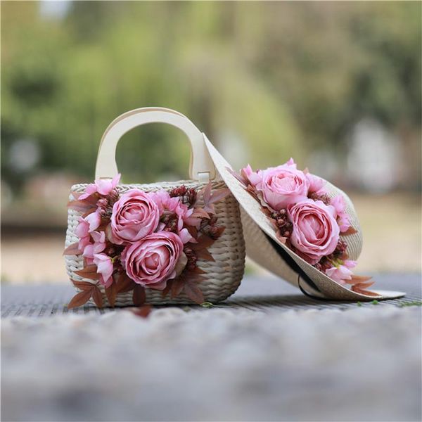 

fashion flower straw beach bag hat women wooden handle rattan handbag 2pcs/set summer vacation weave tote bags with straw hat