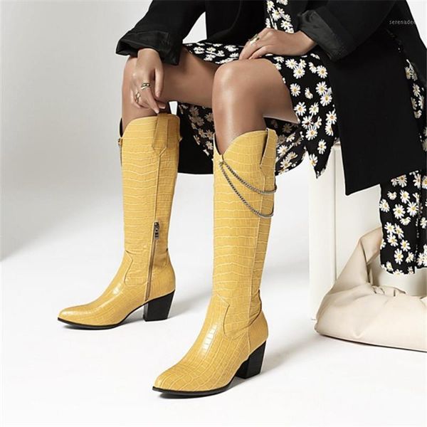 

pxelena metal chain chunky block heels knee high boots plus size 34-45 western cowboy riding knight motorcycle punk gothic boots1, Black