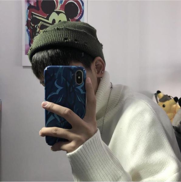 

new mens hats autumn and winter beanies ins fashion solid color thickened warm knitted wool hats perforated hats