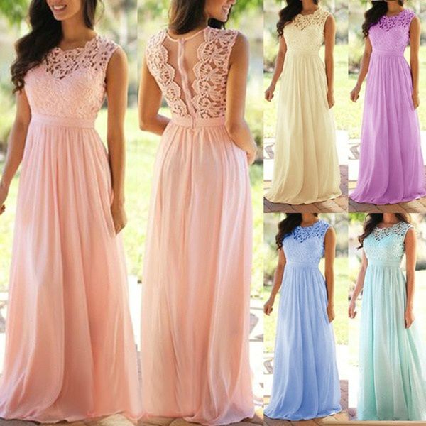 

women's solid color lace stitching openwork temperament lace o-neck dress floor-length summer, Black;gray