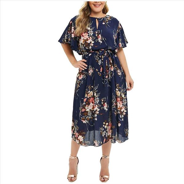 

womens dress ladies fashion temperament large size ladies casual print round neck short sleeved dress 38 drop shipping, Black;gray