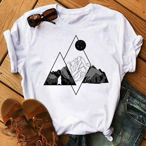

summer women t shirt new fashion short sleeve tee casual harajuku t shirt aesthetics mountain print tee shirts clothing, White