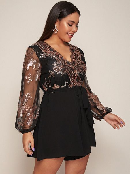

plus surplice neck sheer lantern sleeve sequin bodice belted romper 56ry#, Black