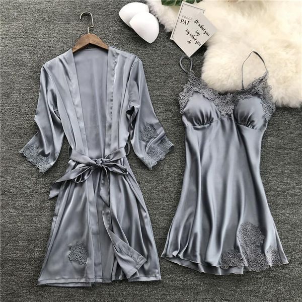 

silk robe femme with chest pads lace sleepwear night dress robes women nightwear robe set nighty home dress sleeping1, Black;red