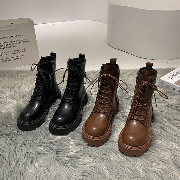 

women's shoes ankle boots for fall/winter 2020 new warm fashion thick heel lace side zipper motorcycle boots, Black
