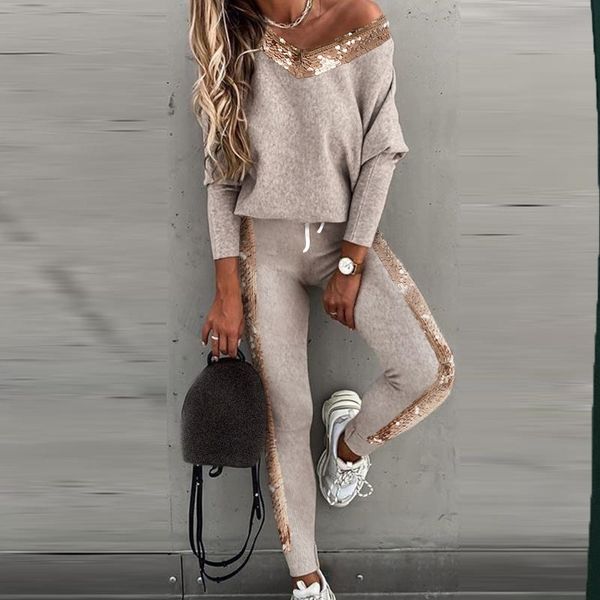 

knitted suit tracksuits women's sweaters pullover two pieces set pants drawstring female sportwear clothes casual suits y201128, Gray