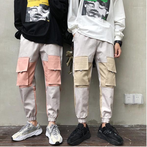 

spring new pants men fashion contrast color stitching casual tooling wind pants man streetwear trend wild hip hop loose overalls1, Black