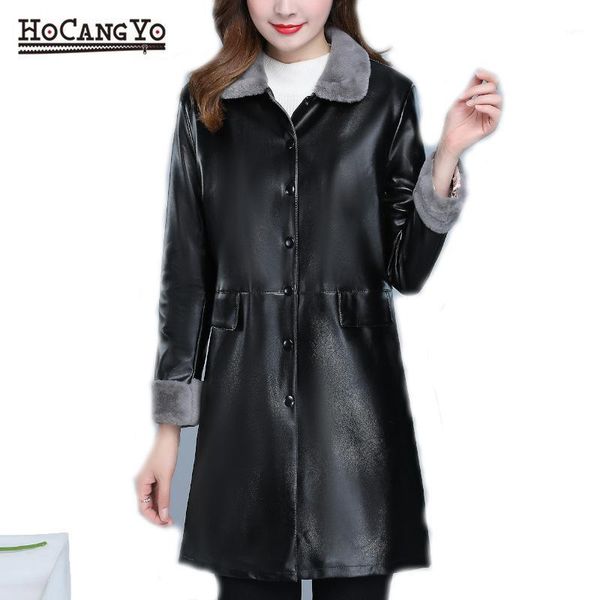 

winter womens long leather jackets plus size thick warm lambskin leather jackets women winter coat long sleeve faux coat1, Black