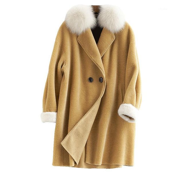 

real fur coat wool jacket autumn winter coat women clothes 2020 korean vintage fur collar sheep shearling women zt36251, Black