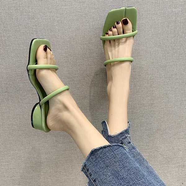 

slippers rimocy light green leather woman summer fashion square toe low heel slides leisure strap beach sandals female1, Black