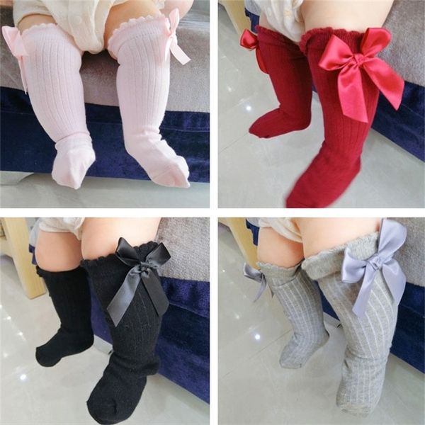 

newborn girls big bow knee high long soft cotton lace baby socks kids #a35 y201009, Pink;yellow