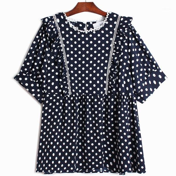 

hollow out lace polka dot chiffon women shirts loose high waist sweet wooden ear womens and blouses 2020 summer1, White