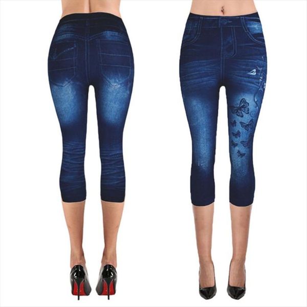 

women plus size fake jeans capri pants wash color butterfly denim print leggings high waist cropped elastic xs 3xl, Black